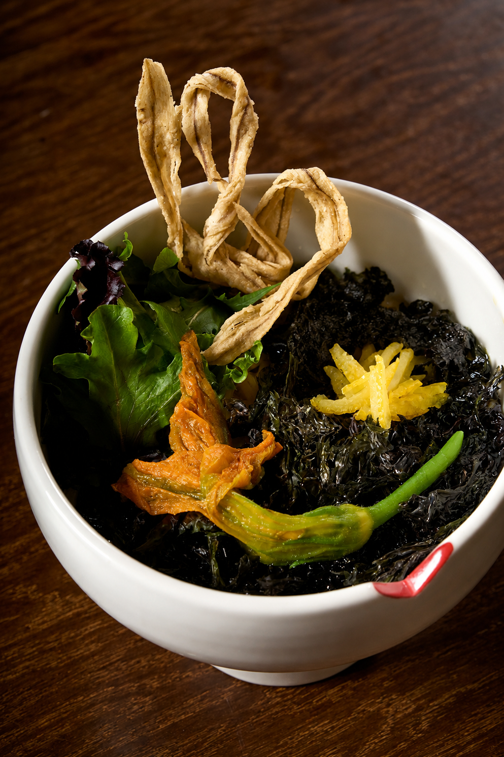 Yuzu nori:  a bowl woven with the blessings of sea and mountain.| Plant-Based- wild rock seaweed, yuzu, burdock tempura, mizuna, tofu