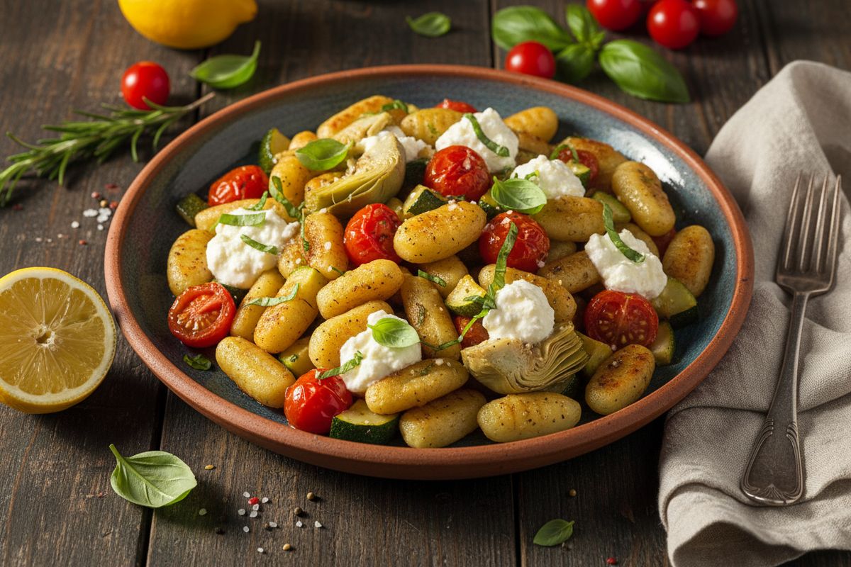 Helppo uunignocchi artisokalla, tomaateilla ja sitruunaricottalla – täydellinen hiilihydraattilohdutus yhdellä vuoalla.