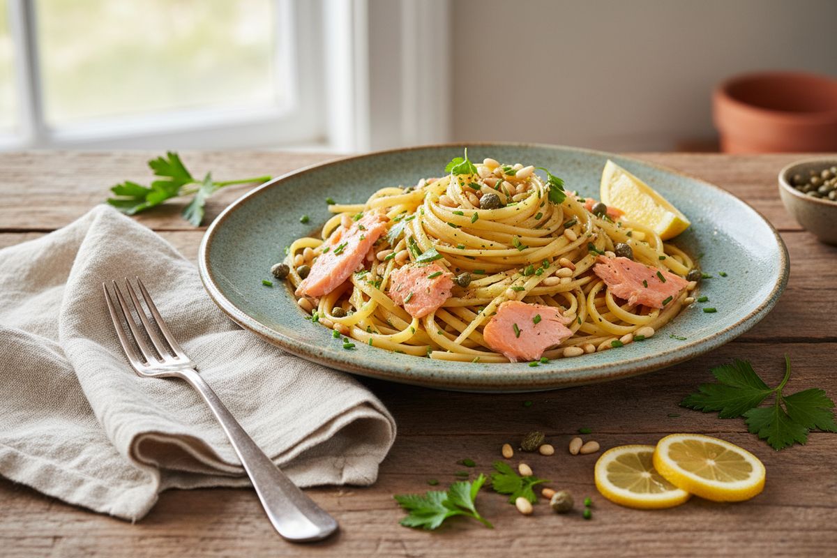 Nopea ja raikas sitruuna-kapris-lohilinguine syntyy puolessa tunnissa – täydellinen arkipäivän pastahetki.