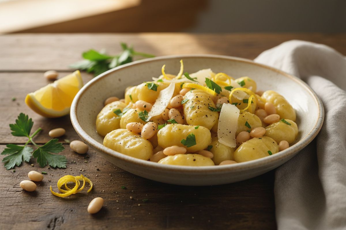 Pehmeät gnocchit sitruunaisessa kermakastikkeessa valkoisilla pavuilla – nopea ja lohdullinen arkiruoka pasta-tyyliin.