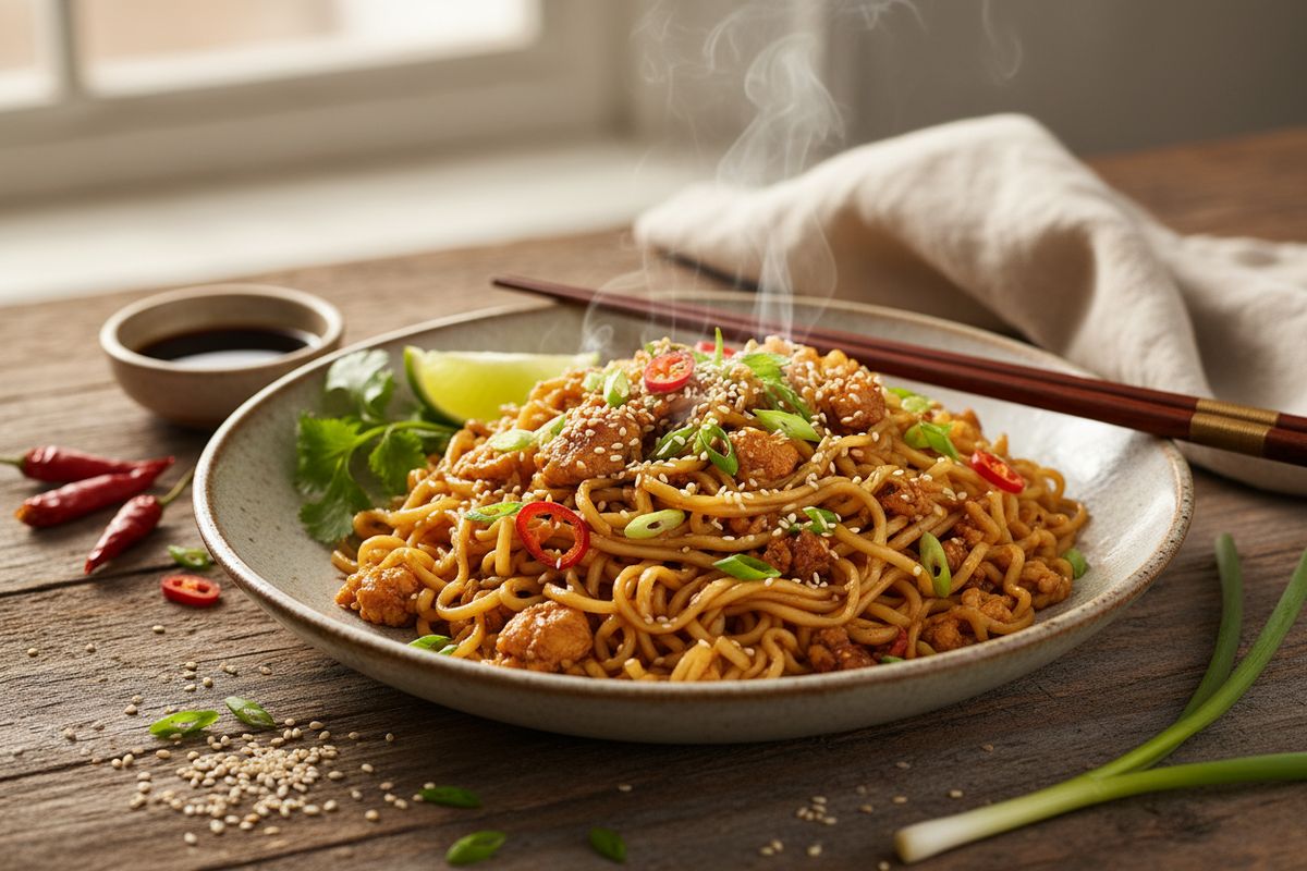 Pikanuudelit kohtaavat mehukkaan kanajauhelihan – nopea ja lohdullinen arkinuudeliannos valmiina alle 15 minuutissa.