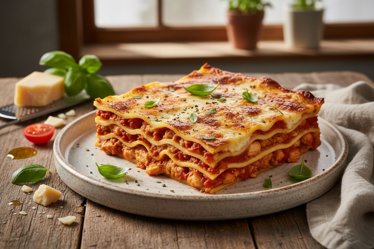 Helppo kanalasagne kananpojan jauhelihasta, valmiista tomaattikastikkeesta ja kolmen juuston kermasta – arki-illan täydellinen lohtupasta.