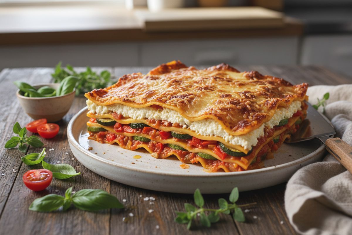 Kerrostettu raejuustolasagne täyteläisellä kasviskastikkeella – helppo uunipastaklassikko koko perheelle.