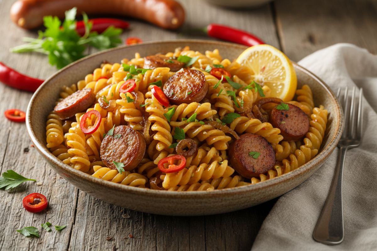 Mehevä bratwurstipasta fusilleilla, karamellisoidulla sipulilla, chilillä ja tuoreella sitruunalla – helppo arkiruoka koko perheelle.