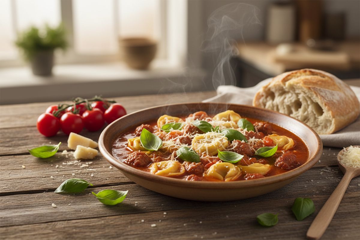 Lämmin ja täyteläinen makkara-tortellinikeitto – pasta ja makkara kohtaavat yhdessä kattilassa.