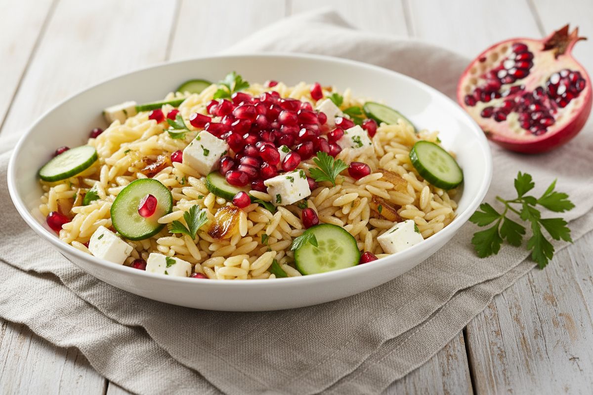 Turkkilainen risoni-pastasalaatti granaattiomenalla, kurkkuviipaleilla, tuoreella persiljalla ja suolaisilla fetakuutioilla – valmis 30 minuutissa.