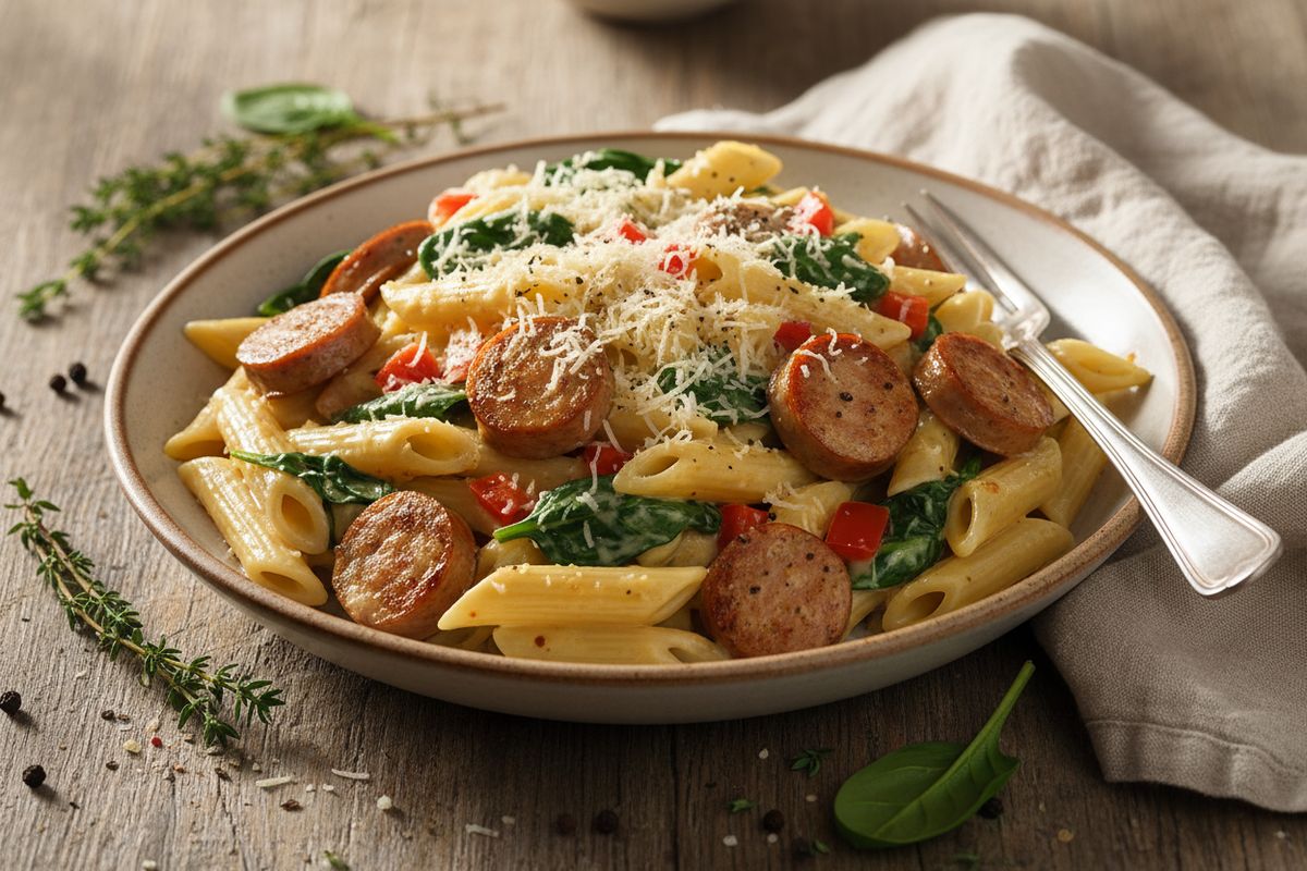 Kermainen bratwurst-pasta pinaatilla ja paprikalla on helppo arkiruoka, joka syntyy noin 20 minuutissa.