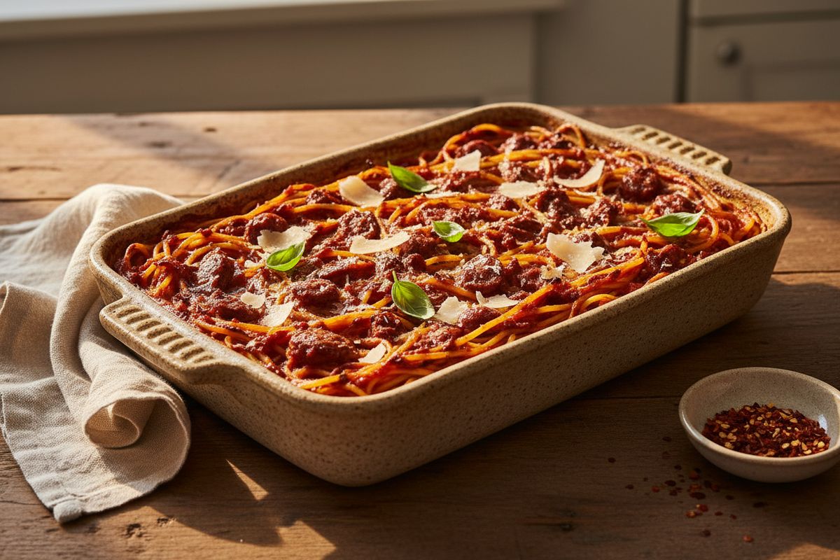Helppo uunipastaruoka, jossa tulinen nduja sulaa tomaattikastikkeeksi pastan ympärille – yksi vuoka, täynnä italialaista sielua.