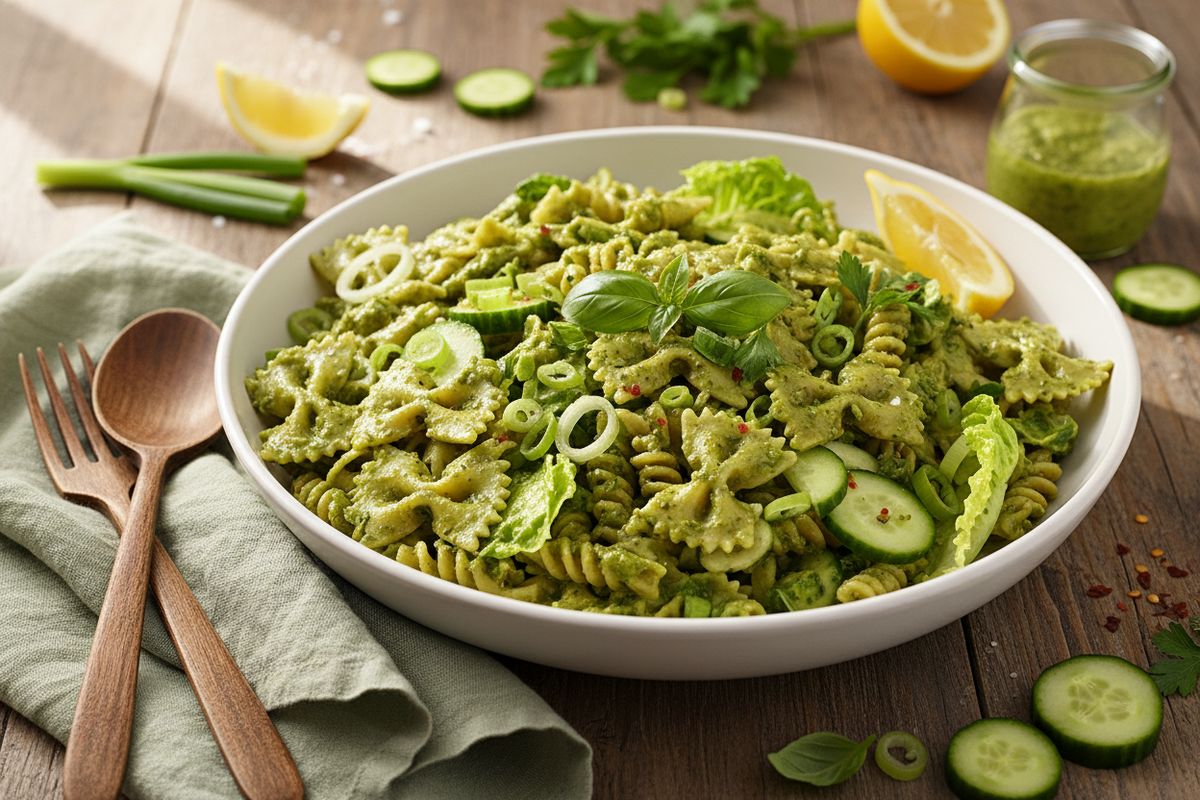 Kreminen vihreä Green Goddess -kastike kohtaa al dente -pastan tässä kauniissa ja täyttävässä pastasalaatissa.
