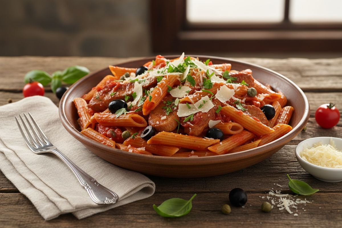 Välimeren possupasta on nopea ja täyteläinen arki-pasta, jossa mehevä possu kohtaa tomaatin, oliivien ja kapriksien rikkaan makumaailman.