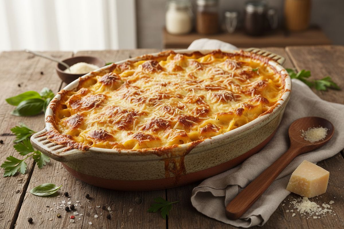 Juustoinen mac and cheese tortellineista – uunissa paistettu pastaklassikko cheddarilla ja parmesaanilla.