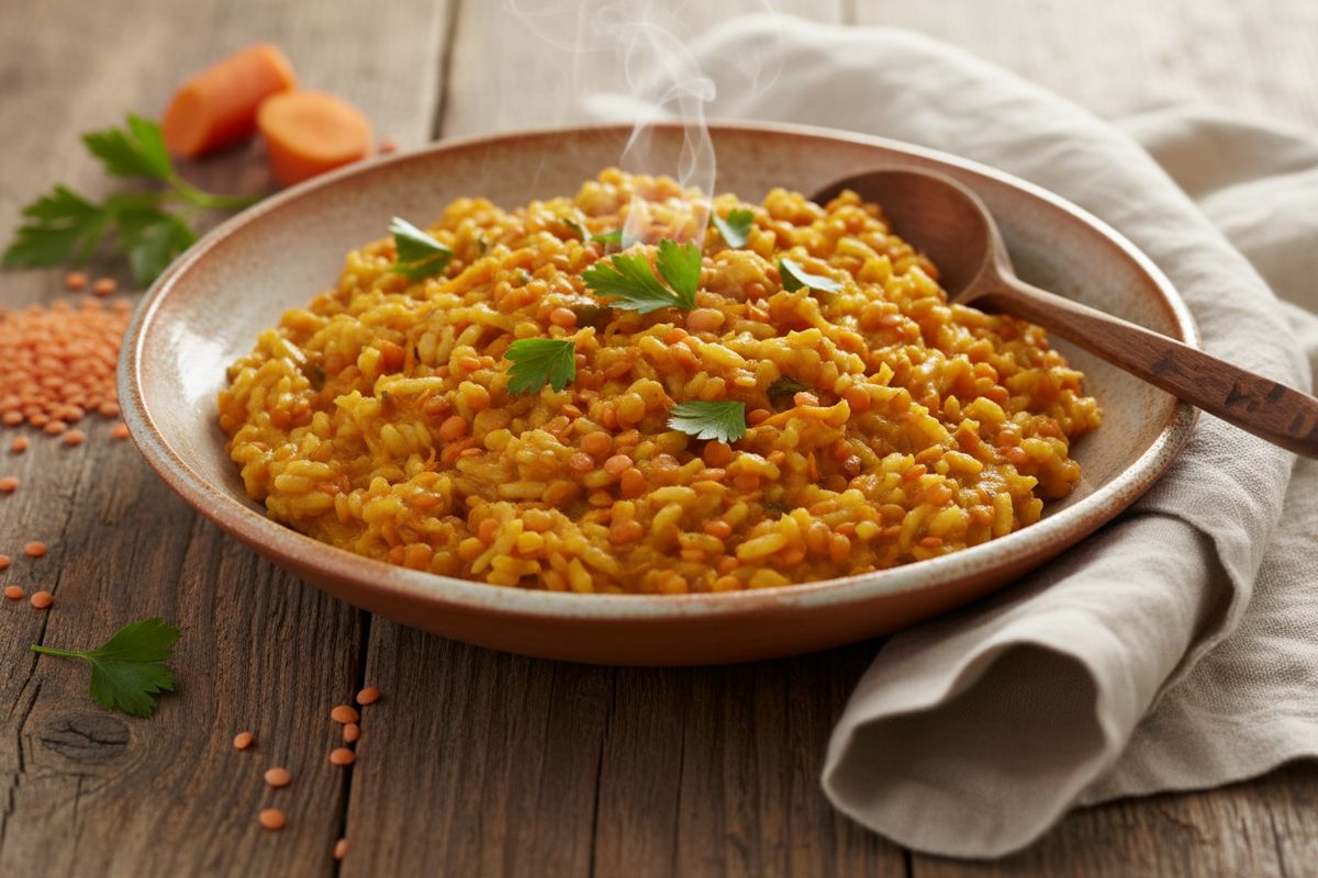 Linssirisotto on helppo ja täyttävä yhden kattilan arkiruoka, jossa punaiset linssit, riisi ja curry yhdistyvät maistuvaksi kokonaisuudeksi.