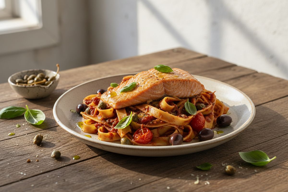 Uunissa kypsytetty lohi puttanesca-kastikkeessa — sardelleja, oliiveja ja kapriksia — tarjoiltuna al dente -pastan päällä.