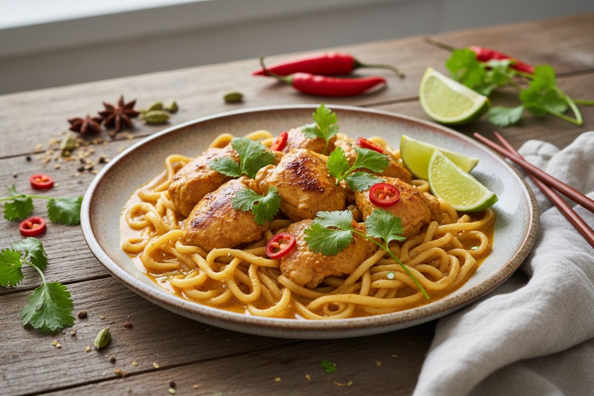 Kookosmaito-currykeitossa uivat pehmeät kananuudelit saavat seurakseen tuoretta chiliä ja korianteria — thaimaalainen lohturuoka parhaimmillaan.