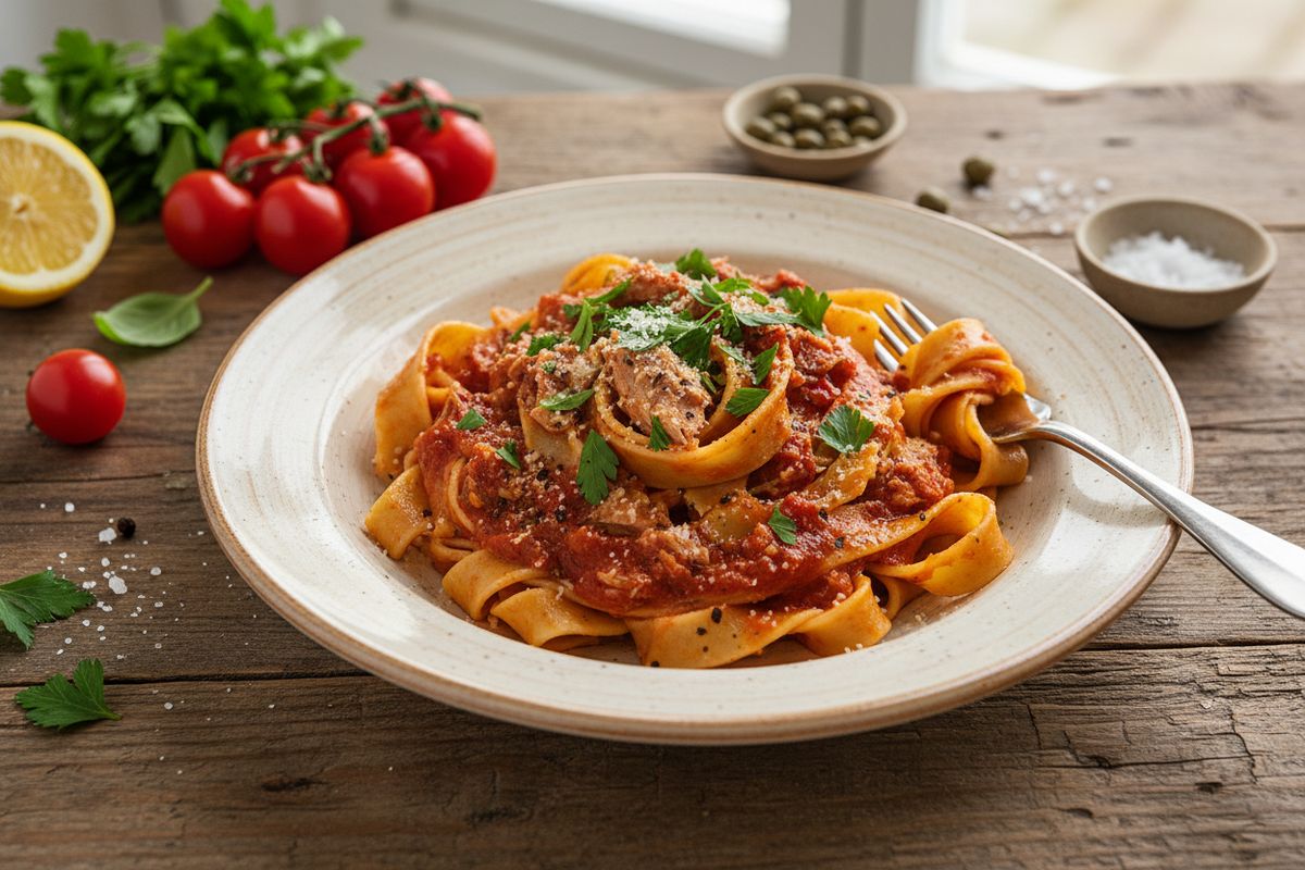 Tonnikala-tomaattipasta on pastanystäväisen nopea arki-ihme: tulinen tomaattikastike, mehevä tonnikala ja täydellisesti keitetty pasta alle 30 minuutissa.