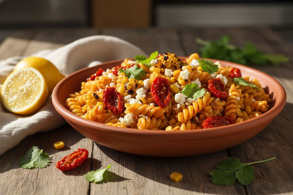 Täyteläinen elotes-pastasalaatti paahdetulla maissilla, ndujaalla ja fetalla – meksikon katuruokaa pasta-henkeen.