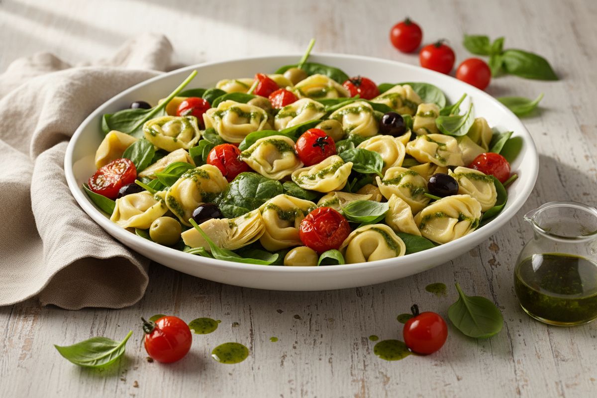 Täyteläinen tortellini-salaatti paahdettuja kirsikkatomaatteja, artisokansydämiä ja oliiveja – valmis puolessa tunnissa.