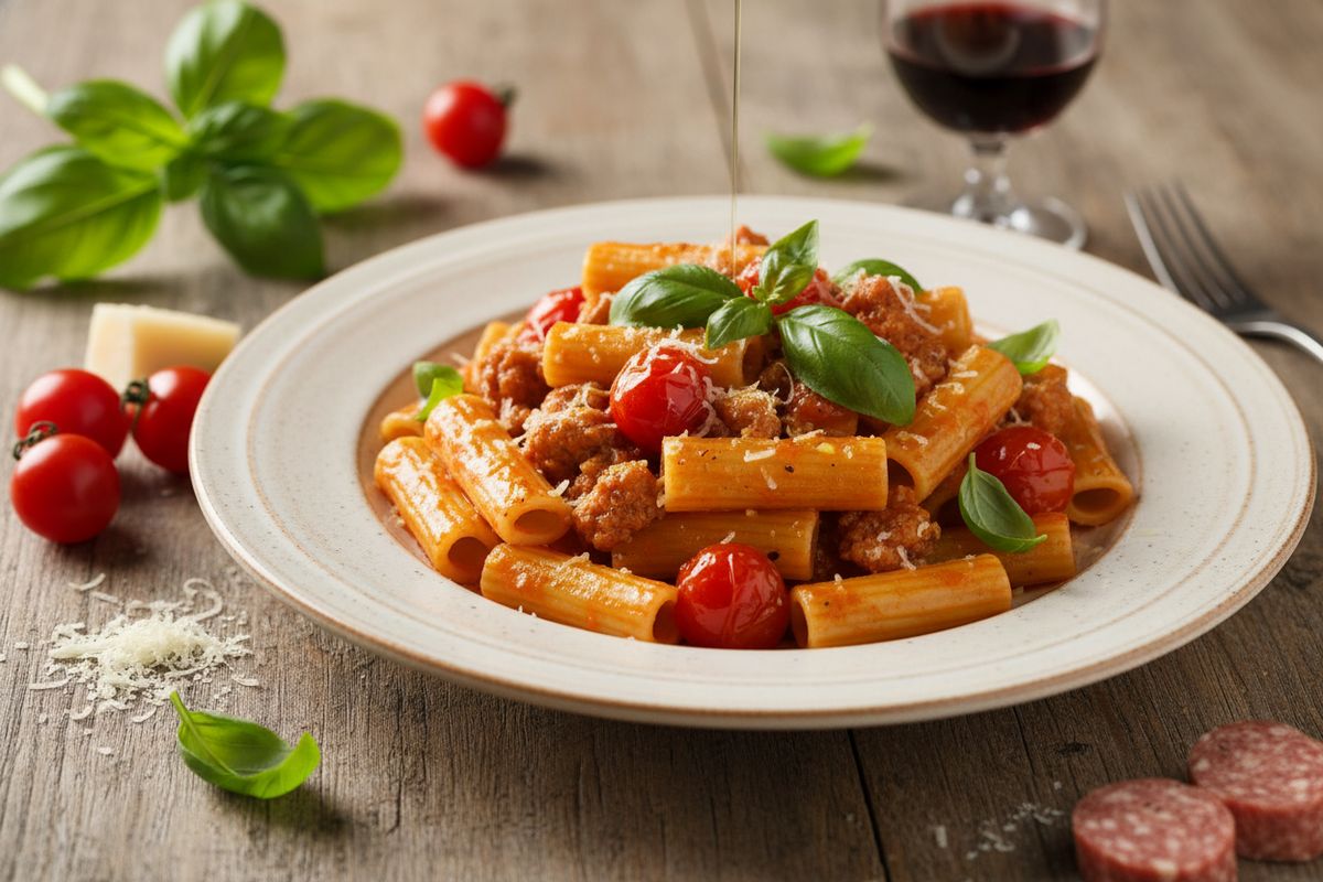 Italialainen kesäpasta raakamakkaralla ja kirsikkatomaateilla on nopea arkiruoka, jossa tomaatit sulautuvat mehukkaaksi kastikkeeksi.
