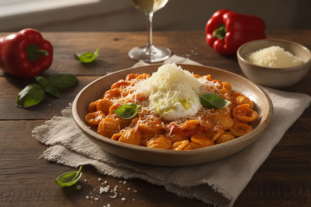 Orecchiette-pasta samettisessa punaisessa paprikakastikkeessa – helppo ja herkullinen arki-illallinen valmiina puolessa tunnissa.