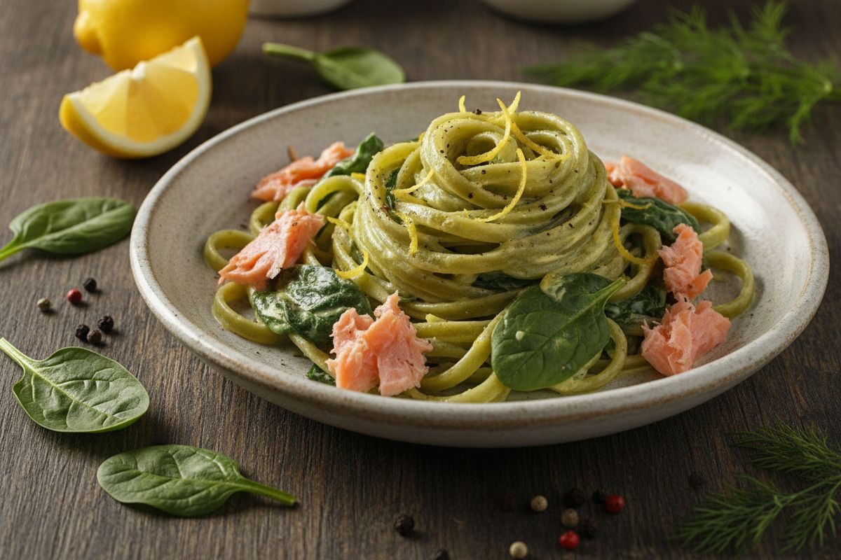 Vihreä pinaattifettuccine kohtaa mehevän lämminsavulohen ja raikas sitruunakastike sitoo kaiken yhteen – nopeaa pastahuvia parhaimmillaan.