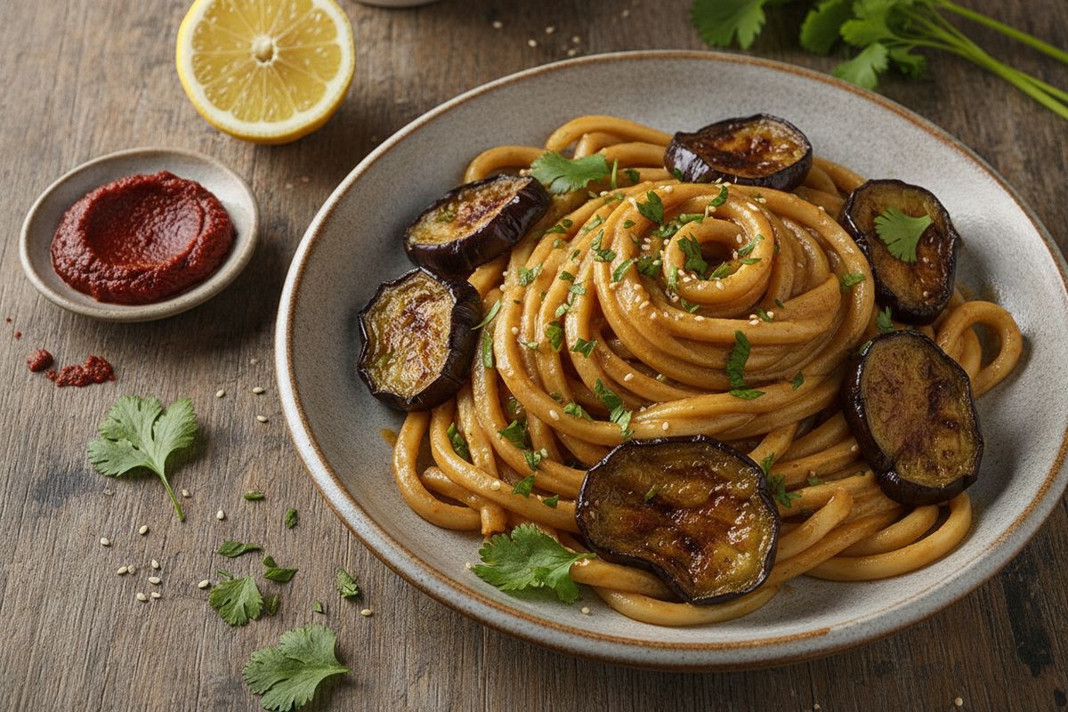 Täyteläiset udon-nudelit harissa-tahini-kastikkeessa ja paahdetuilla munakoisopaloilla – helppo vegaaninen arkiruoka puolessa tunnissa.