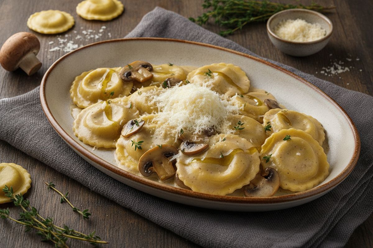 Kermainen sienikastike ja täytetyt raviolit – lohduttava pasta-ateria, joka syntyy nopeasti ja maistuu syvältä.