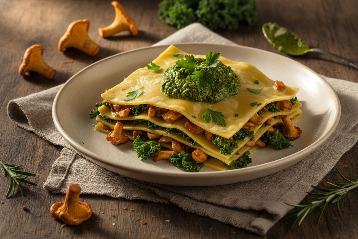 Avoin lasagne yhdistää kullankeltaiset kantarellit, lehtikaalin ja kermaisen gruyère-juustokastikkeen pohjoismaisella pestolla viimeisteltynä.