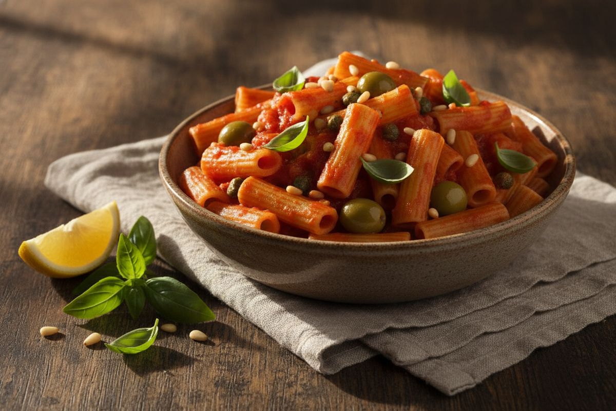 Vegaaninen Palermon pasta on nopea ja maukas arkiruoka tomaateista, kapriksista ja oliiveista.