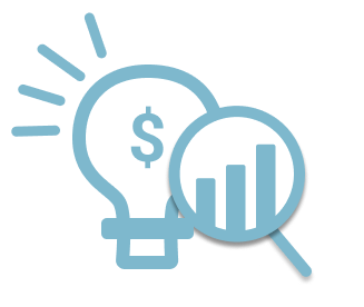 Light bulb with a dollar sign illuminated and a magnifying glass showing a rising bar chart.