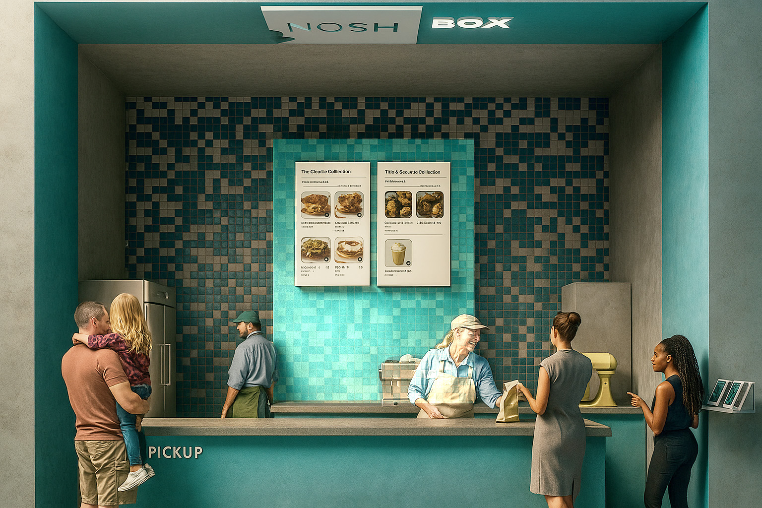 Comptoir moderne du NoshBox présentant des biscuits artisanaux, conçu par Atelier MIM.