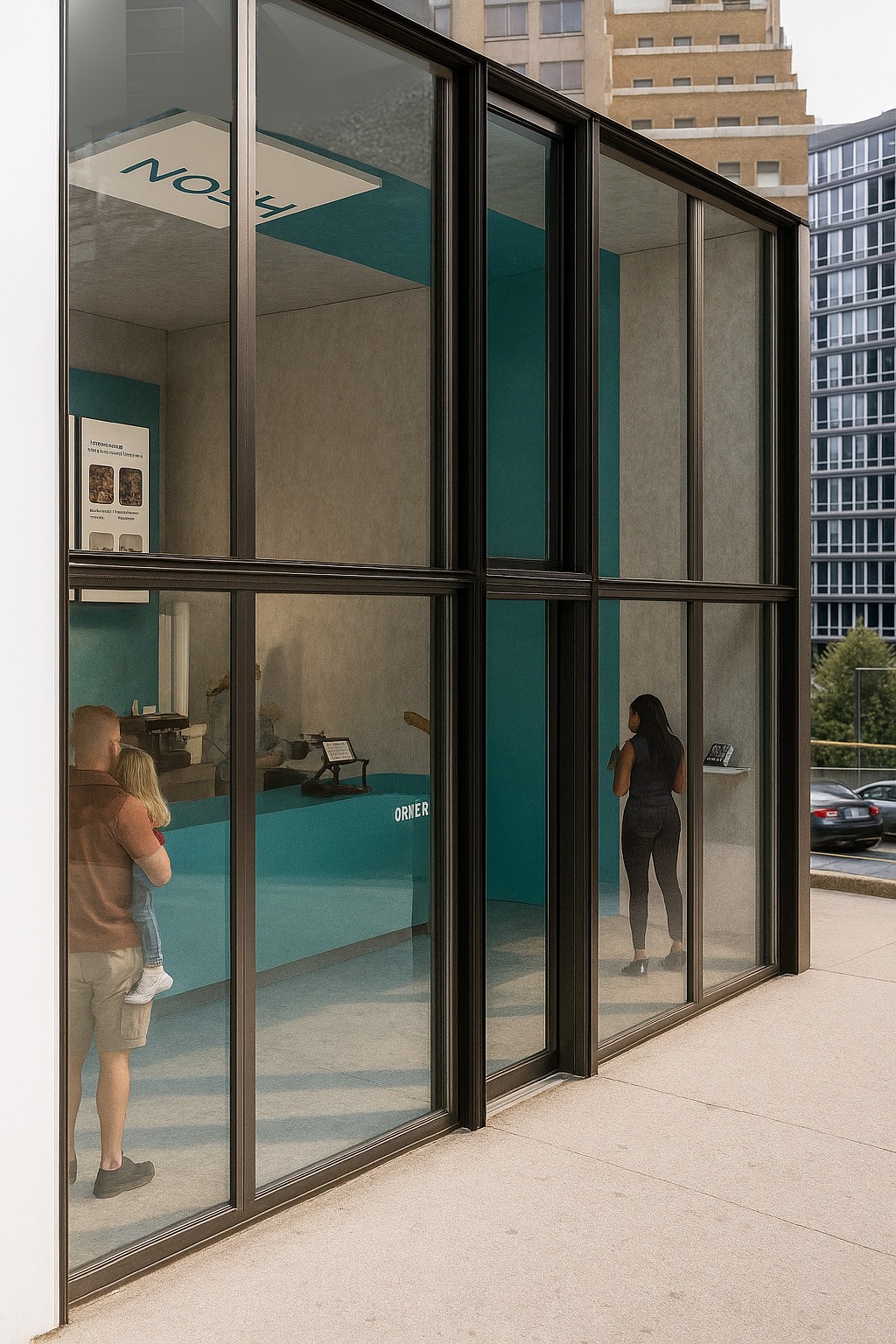 Façade du NoshBox avec enseigne distinctive et détails architecturaux, conçue par Atelier MIM.