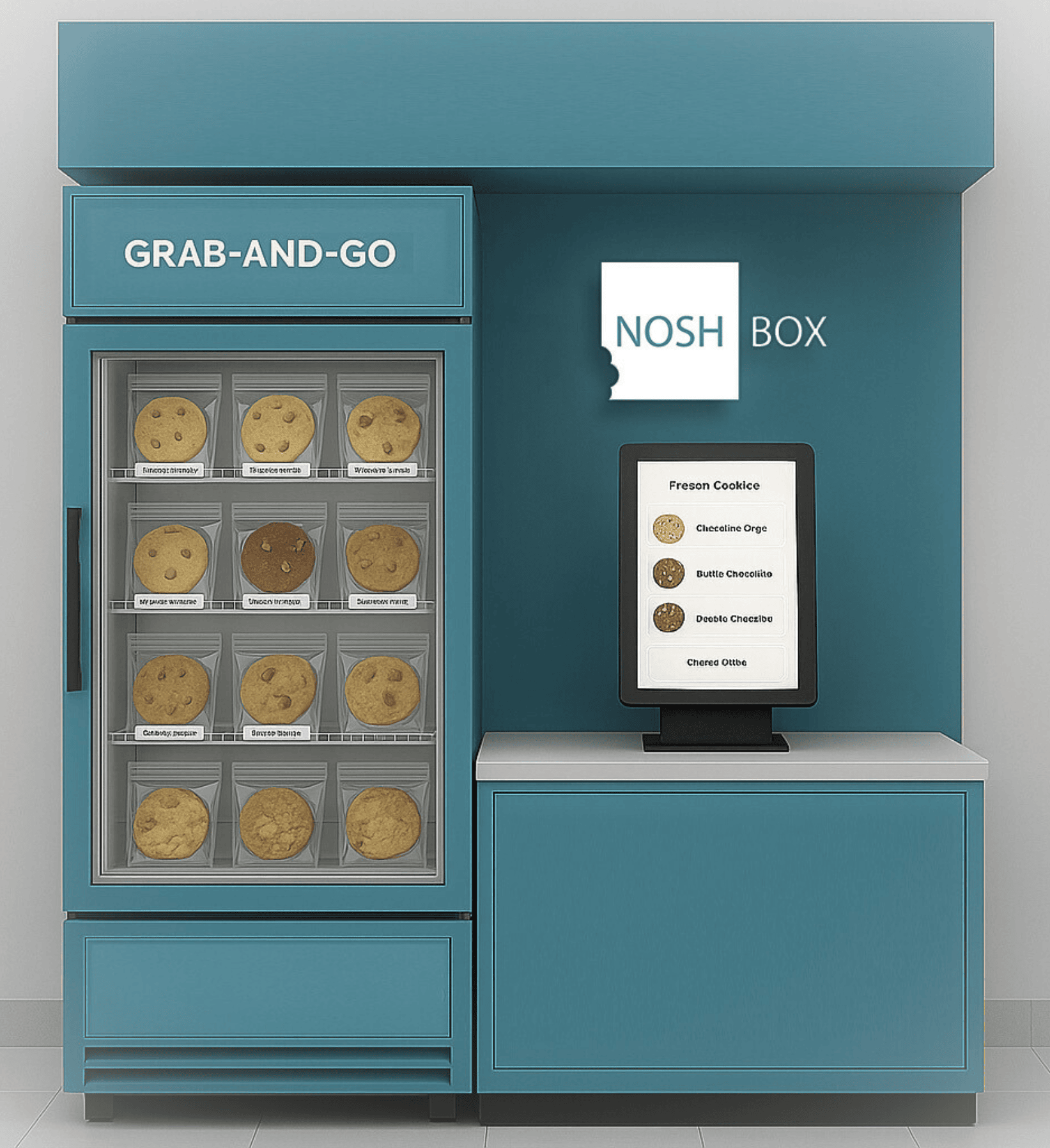 NoshBox cookie vending station with modern display, designed by Atelier MIM