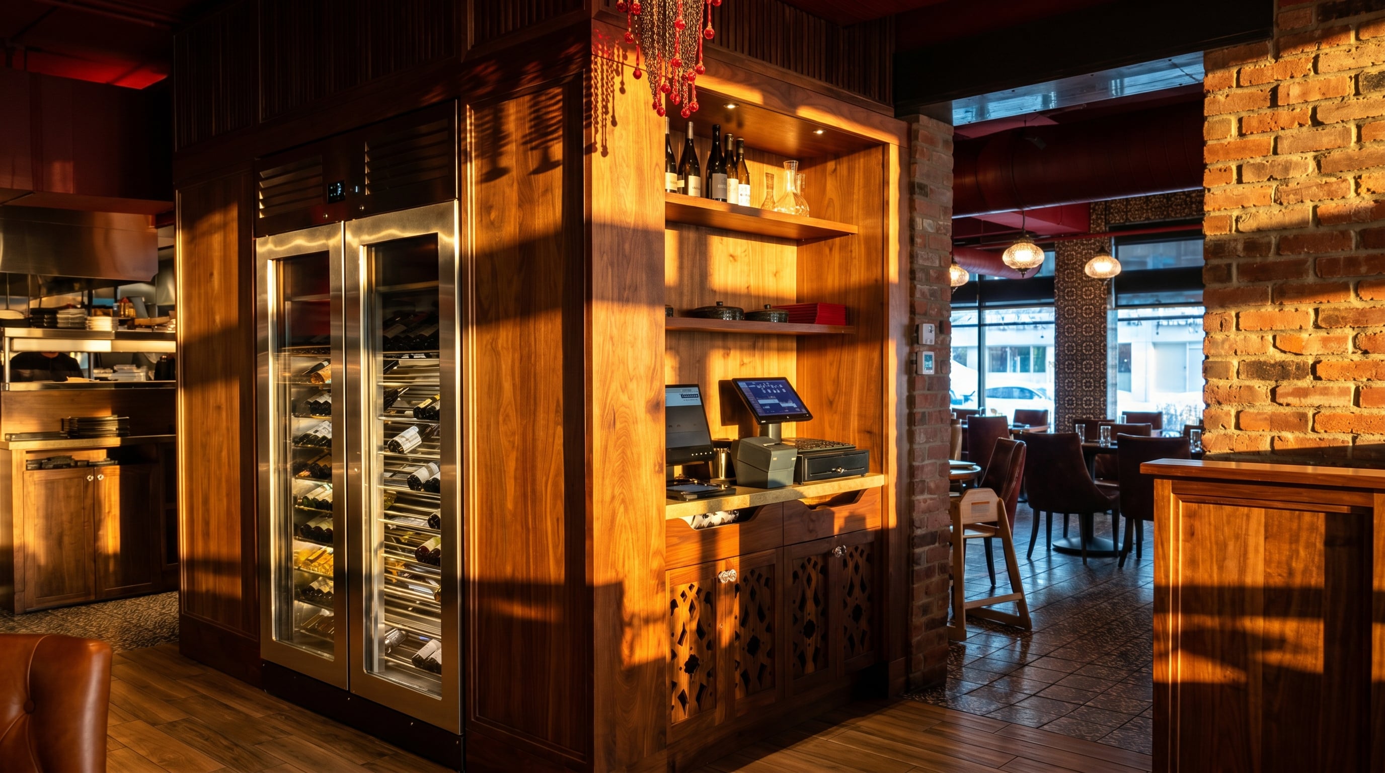 Wine bar Elegant dining area in Damas restaurant featuring custom lighting, designed by Atelier MIM