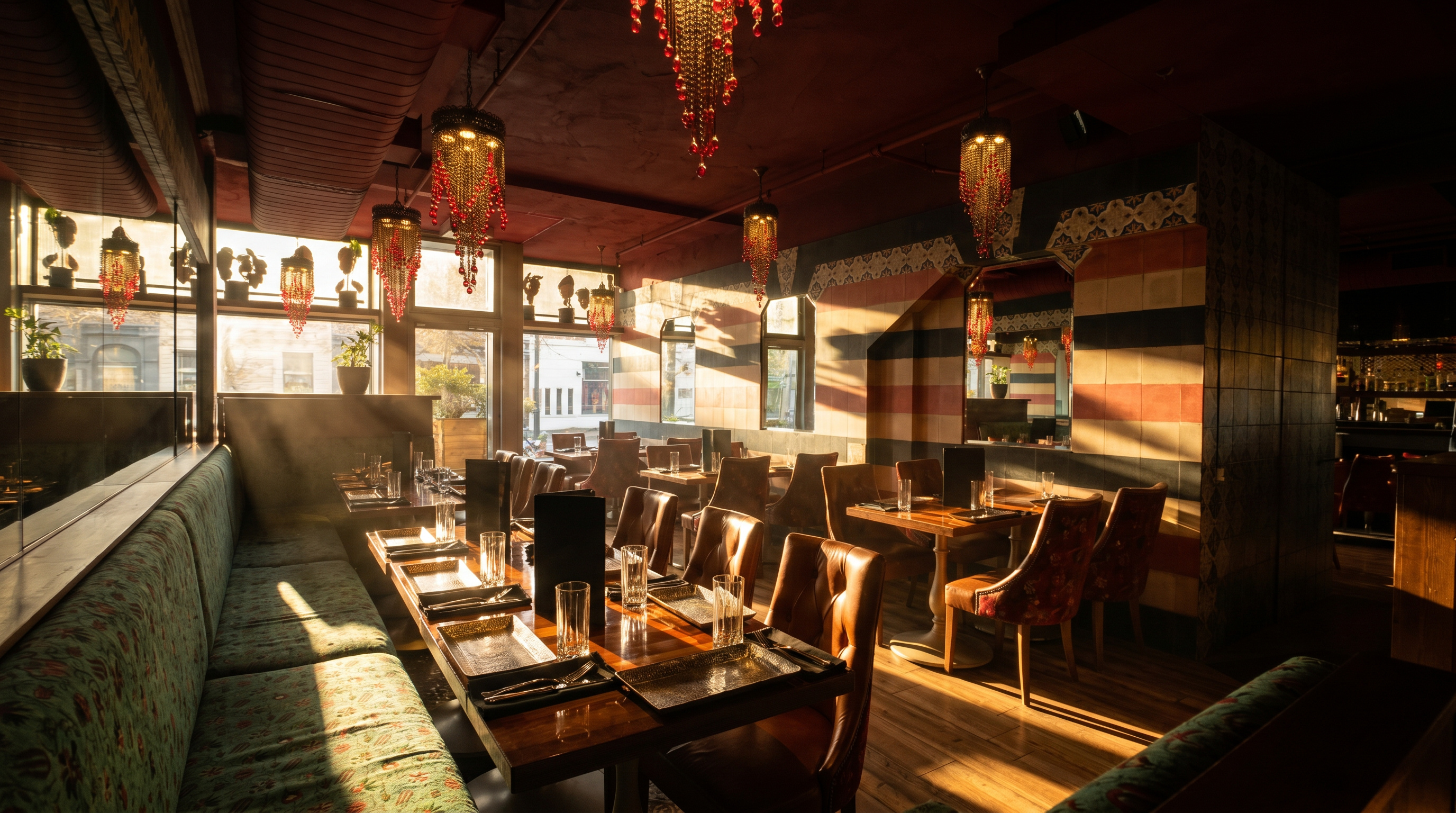 Elegant dining area in Damas restaurant featuring custom lighting, designed by Atelier MIM