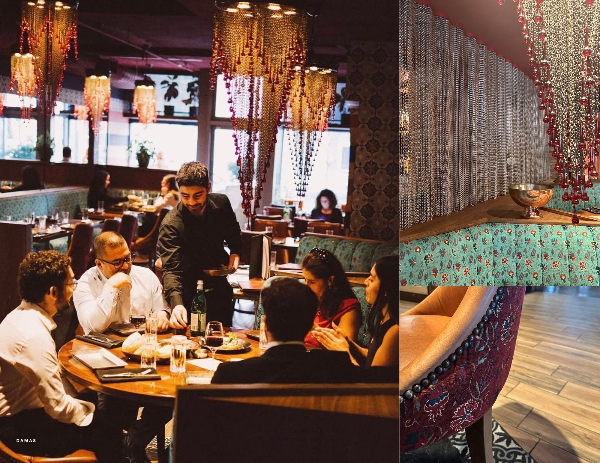 Elegant dining area in Damas restaurant featuring custom lighting, designed by Atelier MIM