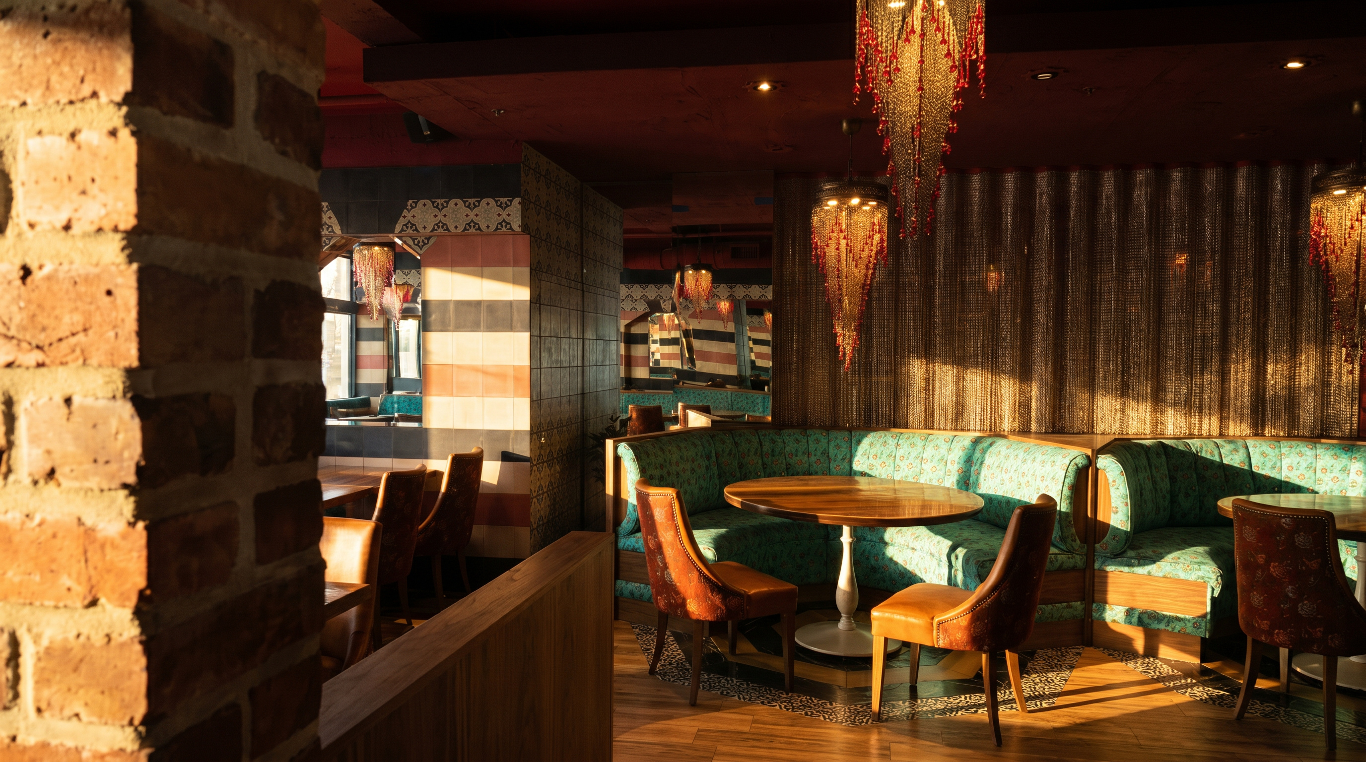 Elegant dining area in Damas restaurant featuring custom lighting, designed by Atelier MIM