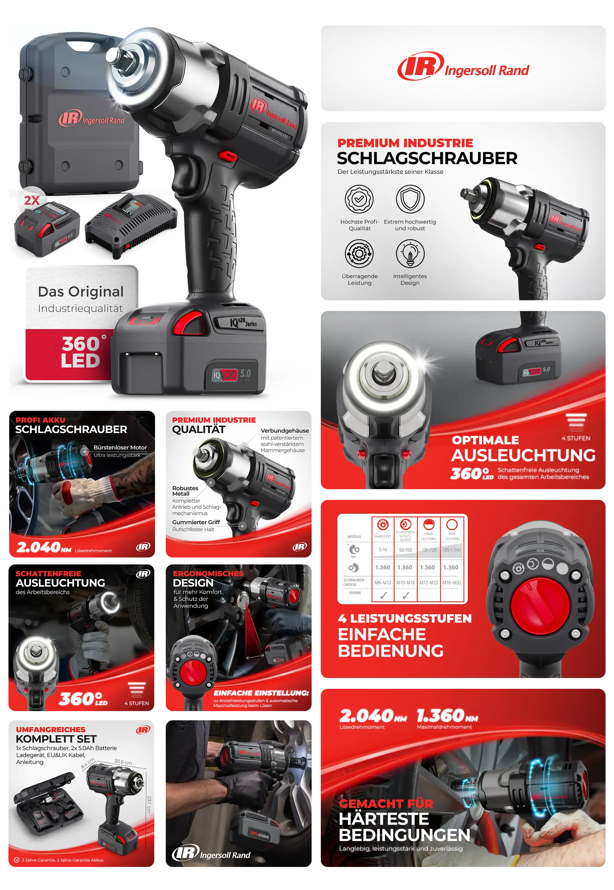 Produktcollage des professionellen Ingersoll Rand Akku-Schlagschraubers. Gezeigt werden das Werkzeug, zwei Akkus, Ladegerät und Koffer sowie Detailansichten der 360°-LED-Beleuchtung und die Anwendung beim Reifenwechsel an einem Auto.