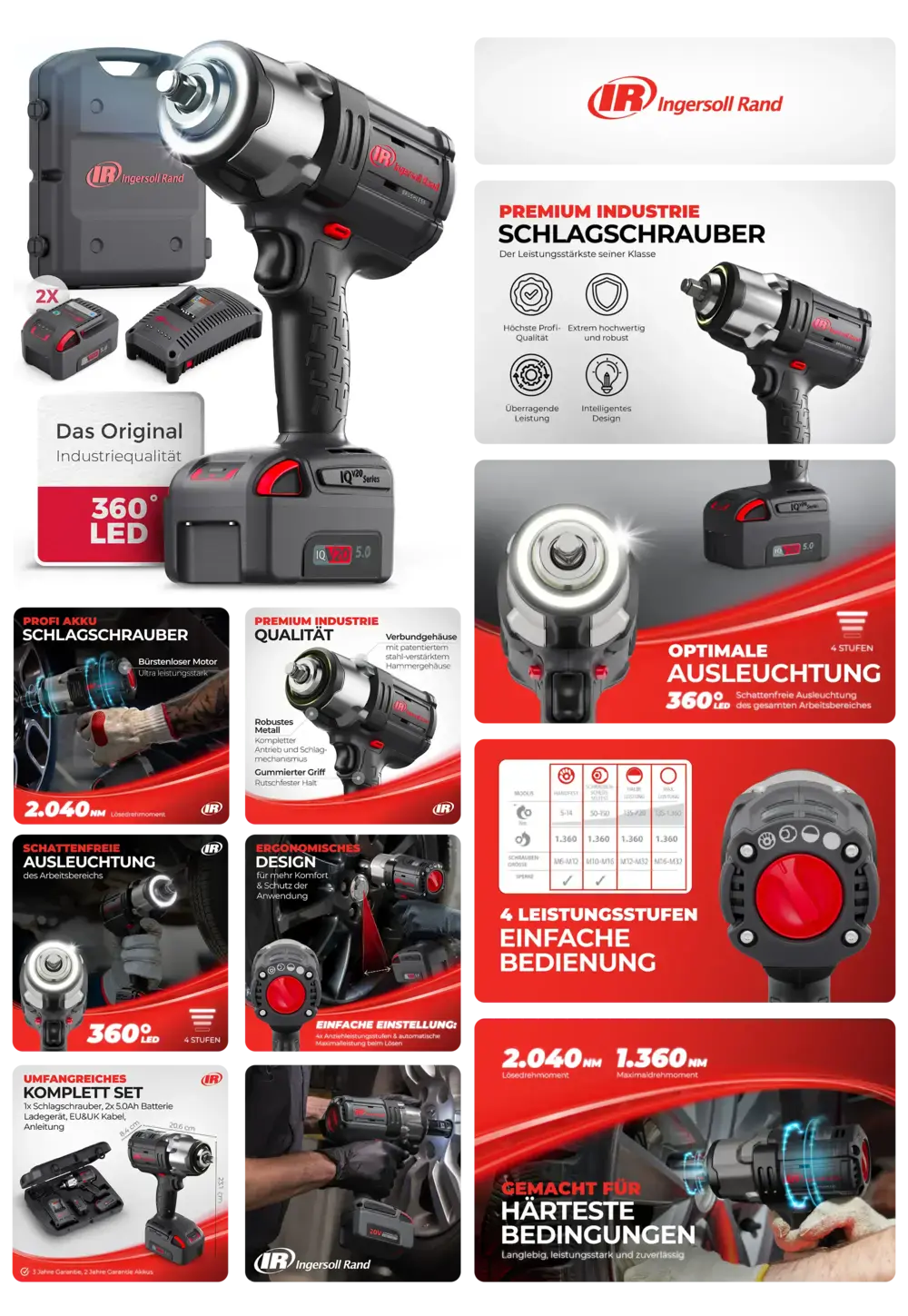 Produktcollage des professionellen Ingersoll Rand Akku-Schlagschraubers. Gezeigt werden das Werkzeug, zwei Akkus, Ladegerät und Koffer sowie Detailansichten der 360°-LED-Beleuchtung und die Anwendung beim Reifenwechsel an einem Auto.