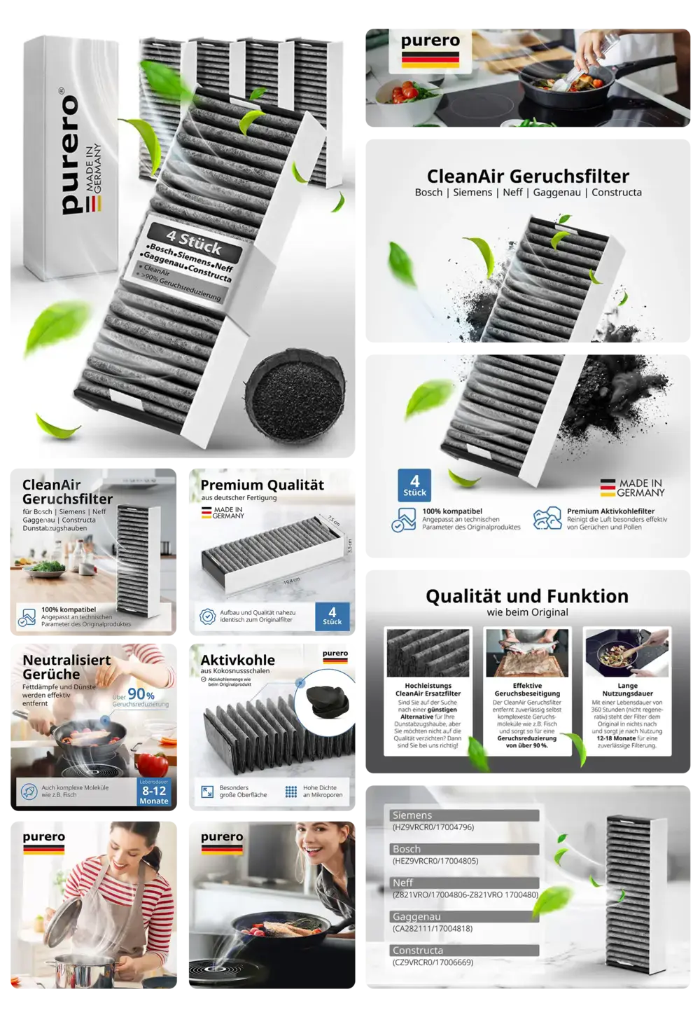Hochwertiger Aktivkohlefilter für Dunstabzugshauben, zur Geruchs- und Fettfiltration in Küchen, kompatibel mit Bosch, Siemens, Neff, Gaggenau, Constructa Dunstabzugshauben.