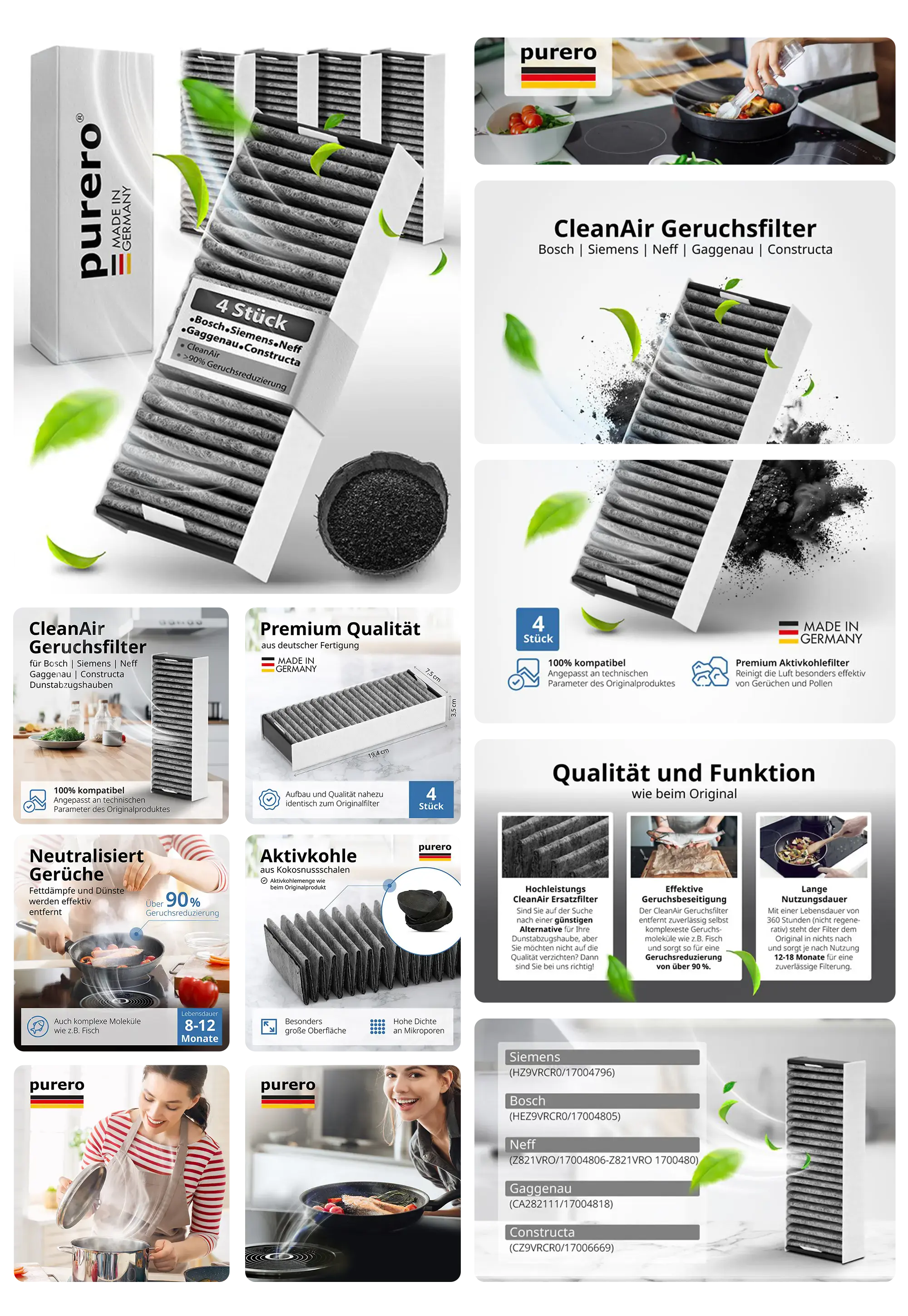 Hochwertiger Aktivkohlefilter für Dunstabzugshauben, zur Geruchs- und Fettfiltration in Küchen, kompatibel mit Bosch, Siemens, Neff, Gaggenau, Constructa Dunstabzugshauben.