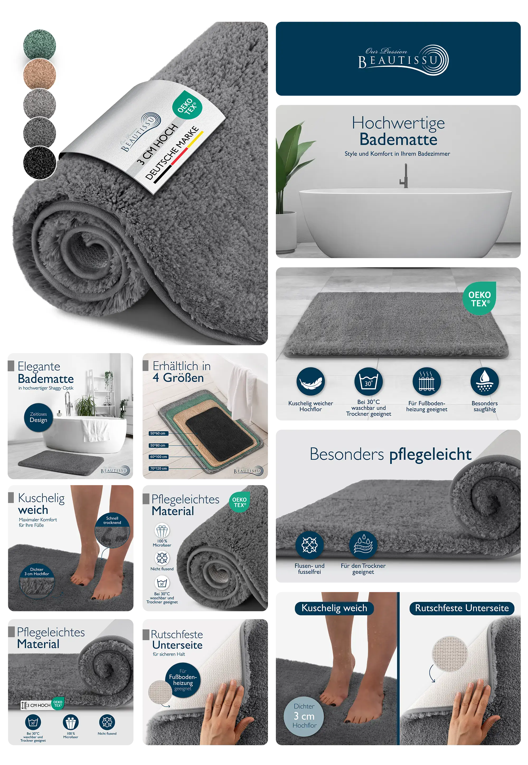 Hochwertige, graue, flauschige Badematte von Beautissu, 3 cm hoch, Öko-Tex zertifiziert, rutschfest und pflegeleicht, ideal für Badezimmerkomfort und Sicherheit.