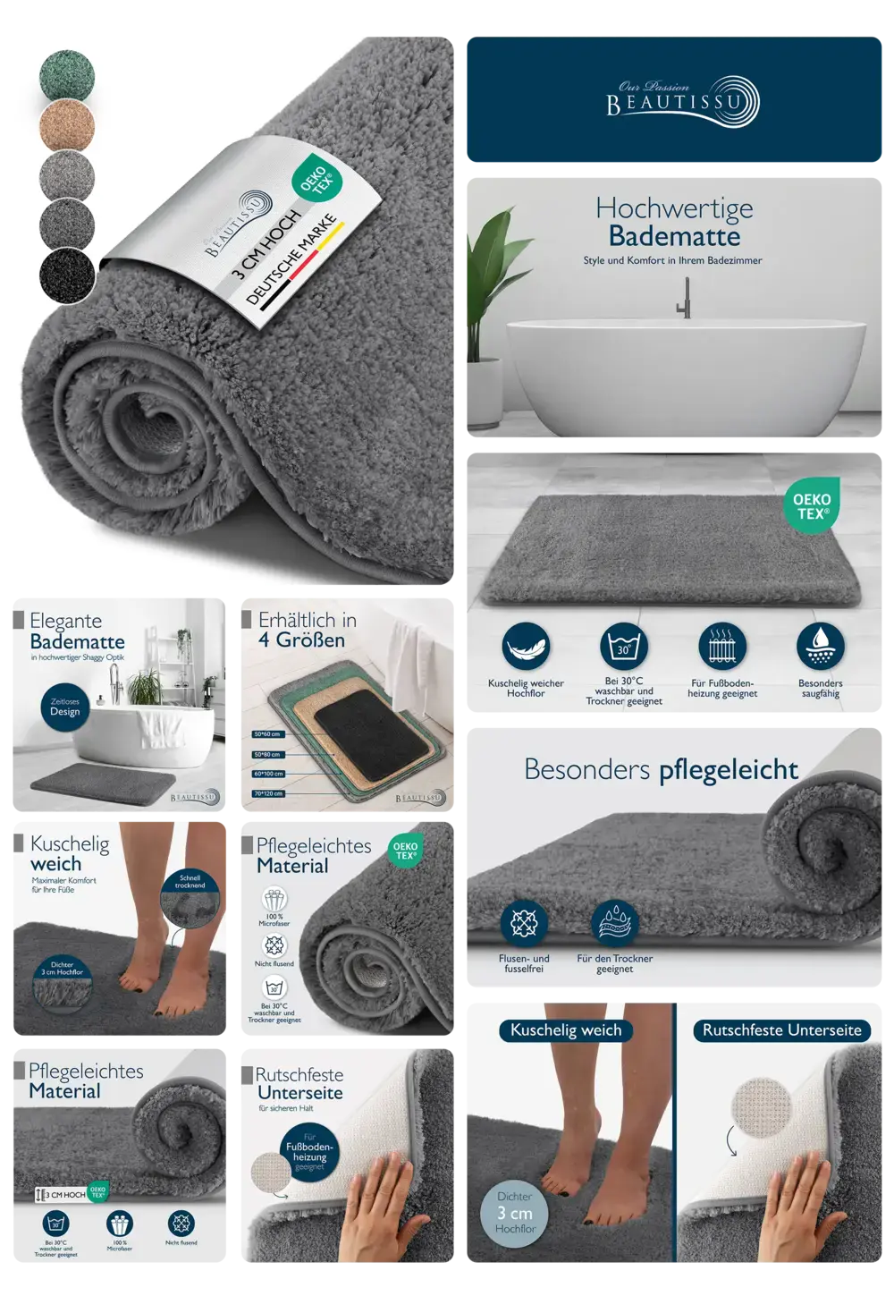 Hochwertige, graue, flauschige Badematte von Beautissu, 3 cm hoch, Öko-Tex zertifiziert, rutschfest und pflegeleicht, ideal für Badezimmerkomfort und Sicherheit.