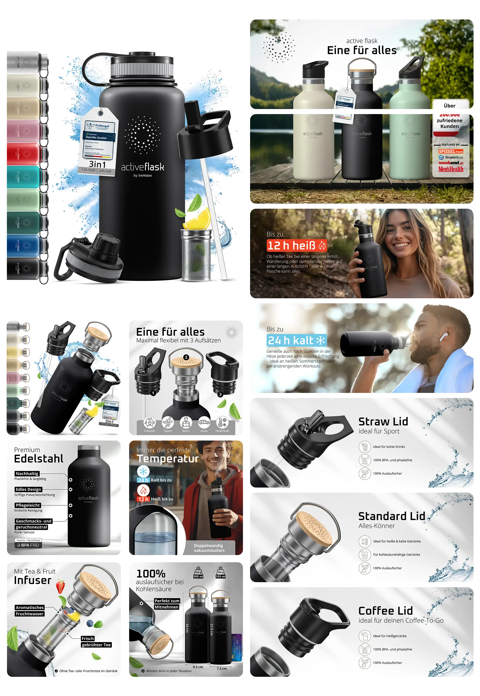 Mehrere ActiveFlask Edelstahl-Trinkflaschen in Schwarz, Weiß und Minzgrün, mit Bambus-Akzenten, unterschiedlichen Deckeln und Frucht-Infuser, vorgestellt für Sport, Büro und Outdoor-Aktivitäten.