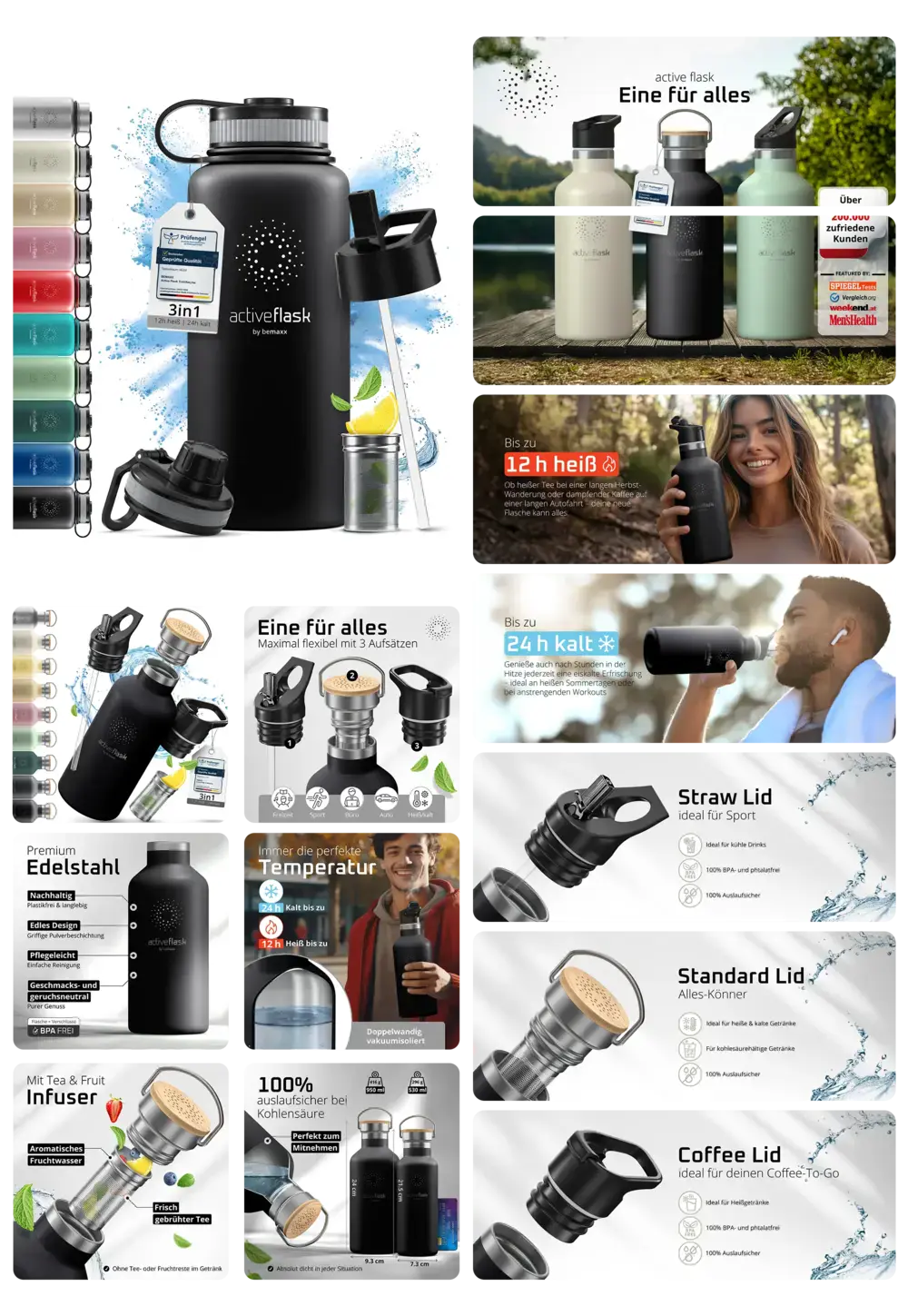 Mehrere ActiveFlask Edelstahl-Trinkflaschen in Schwarz, Weiß und Minzgrün, mit Bambus-Akzenten, unterschiedlichen Deckeln und Frucht-Infuser, vorgestellt für Sport, Büro und Outdoor-Aktivitäten.