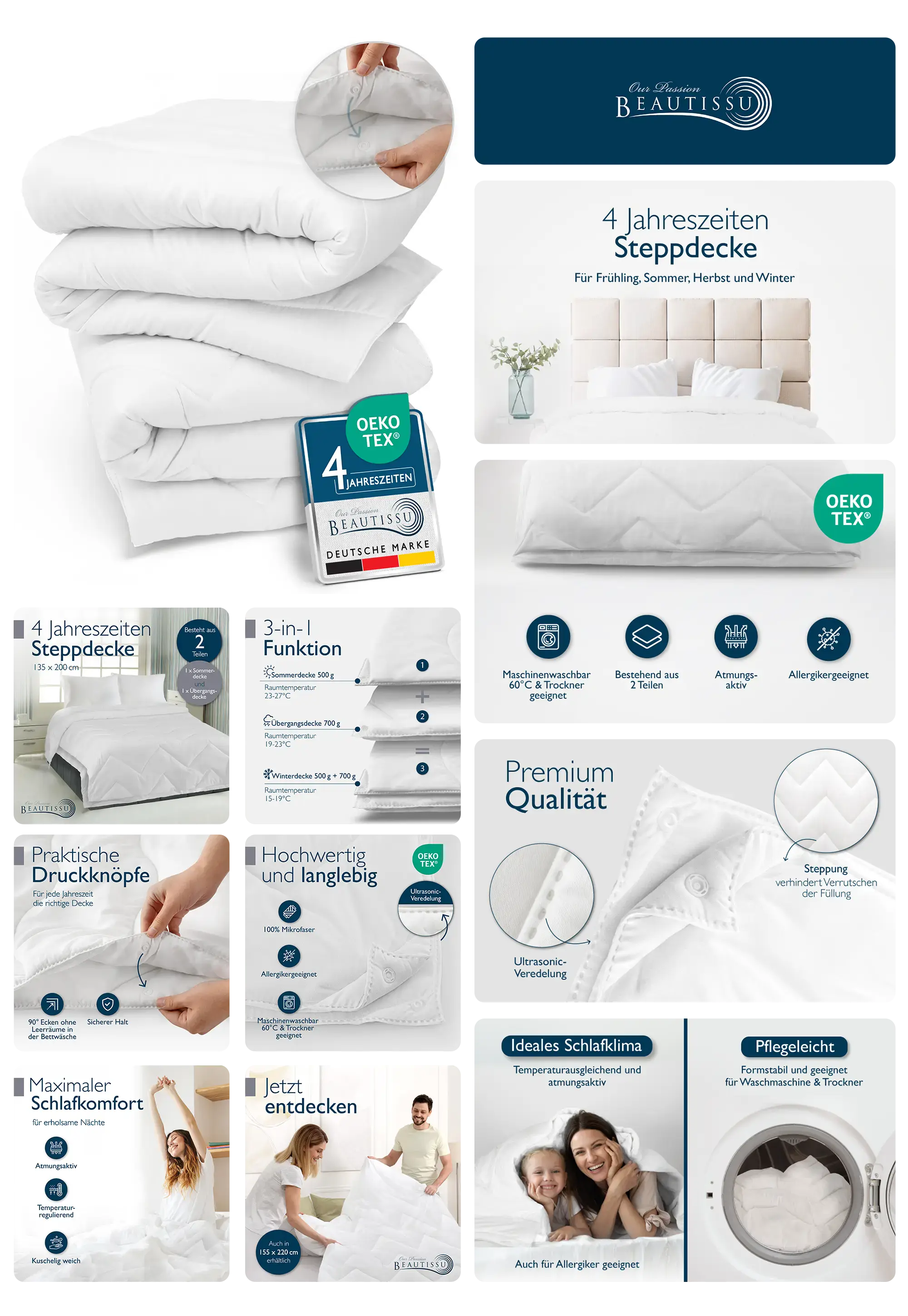 Hochwertige 4-Jahreszeiten-Steppdecke von Beautissu, weiß, Oeko-Tex zertifiziert, allergikerfreundlich, maschinenwaschbar und bestehend aus zwei per Druckknöpfen verbindbaren Teilen.