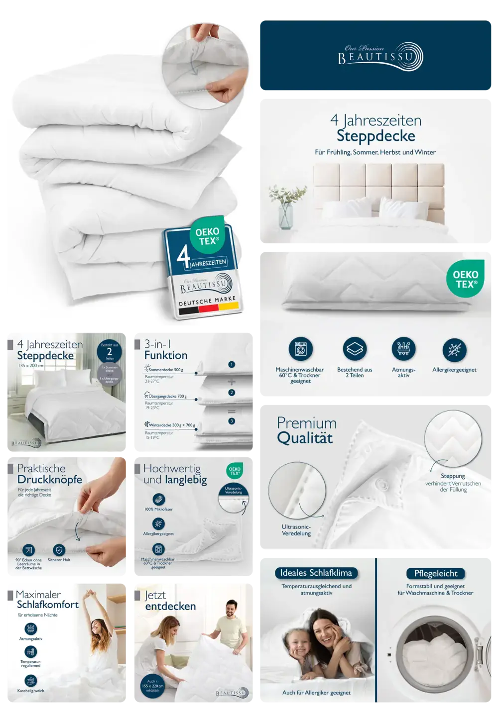 Hochwertige 4-Jahreszeiten-Steppdecke von Beautissu, weiß, Oeko-Tex zertifiziert, allergikerfreundlich, maschinenwaschbar und bestehend aus zwei per Druckknöpfen verbindbaren Teilen.