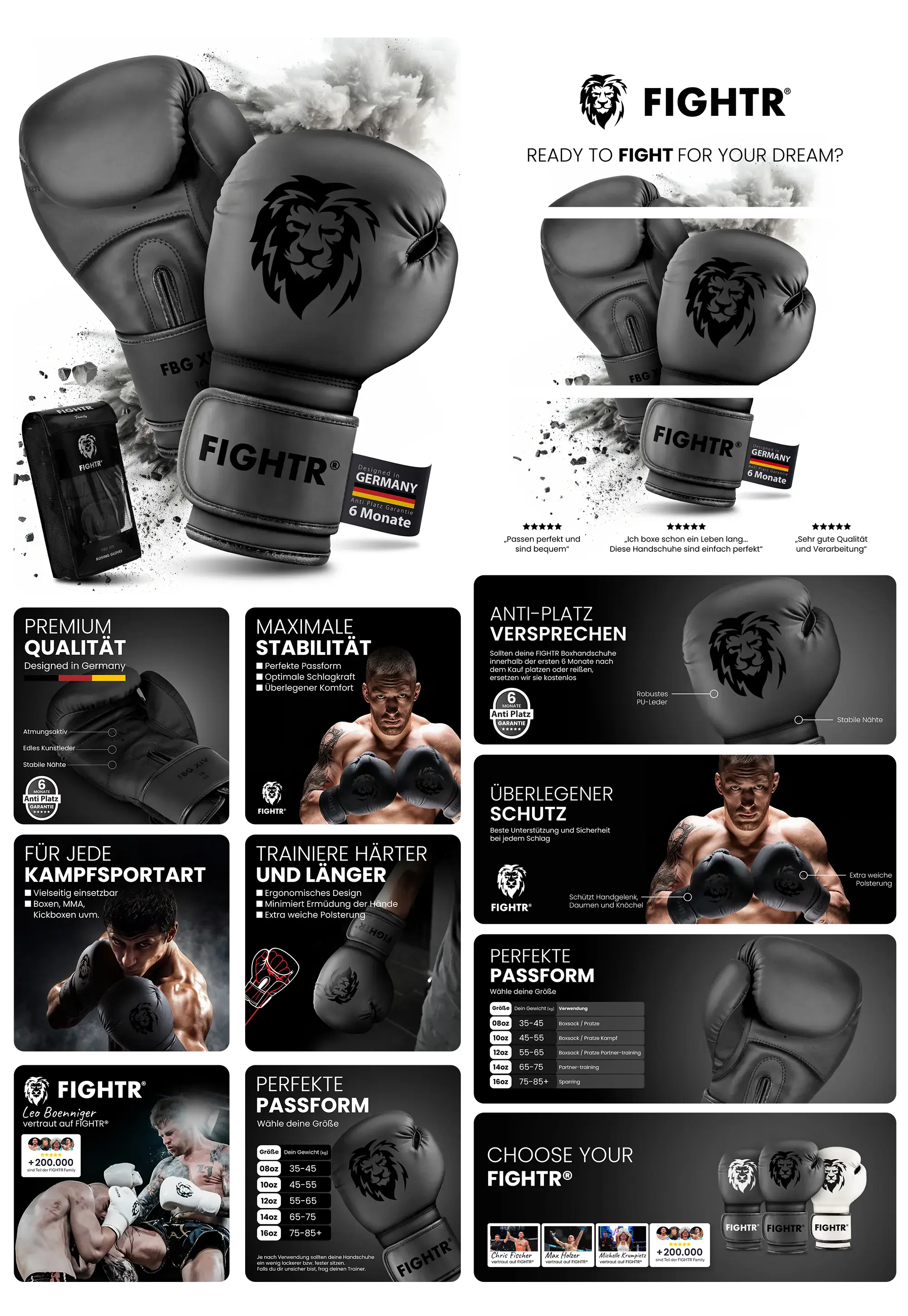 Zwei schwarze Fightr Boxerhandschuhe aus Premium-Qualität mit Löwenlogo, geeignet für verschiedene Kampfsportarten und Training, mit Fokus auf Stabilität und Schutz.