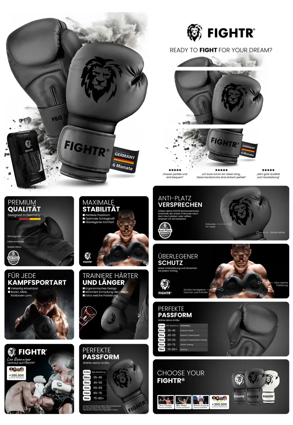 Zwei schwarze Fightr Boxerhandschuhe aus Premium-Qualität mit Löwenlogo, geeignet für verschiedene Kampfsportarten und Training, mit Fokus auf Stabilität und Schutz.