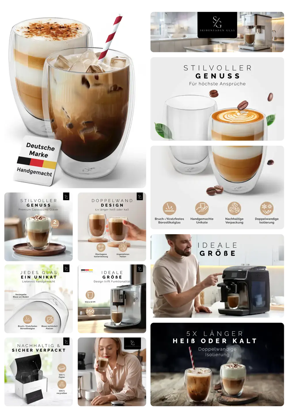 Zwei doppelwandige Cappuccino Gläser aus Borosilikatglas, handgemacht, bruchfest und thermoisolierend, gefüllt mit Latte Macchiato und Eiskaffee, geeignet für Heiß- und Kaltgetränke.