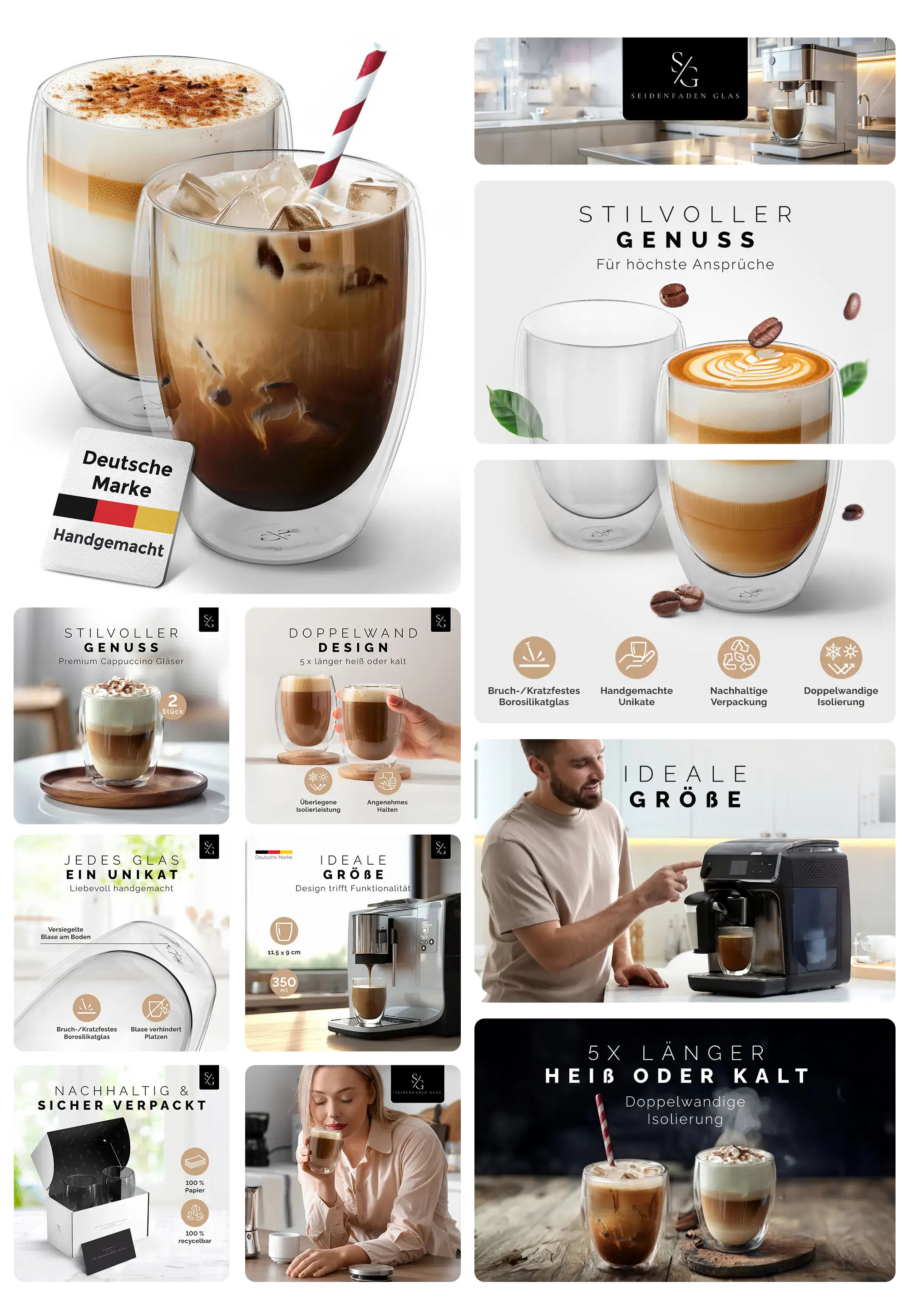 Zwei doppelwandige Cappuccino Gläser aus Borosilikatglas, handgemacht, bruchfest und thermoisolierend, gefüllt mit Latte Macchiato und Eiskaffee, geeignet für Heiß- und Kaltgetränke.